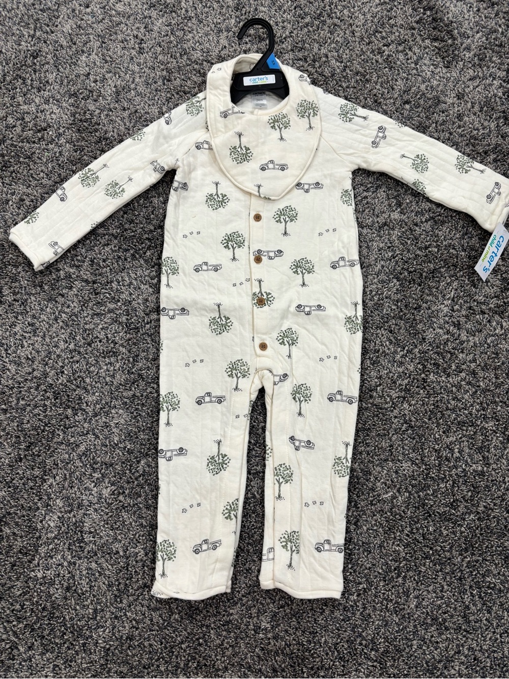 Carter's Cream Tree & Truck Print One-Piece with Matching Bib 24 month
